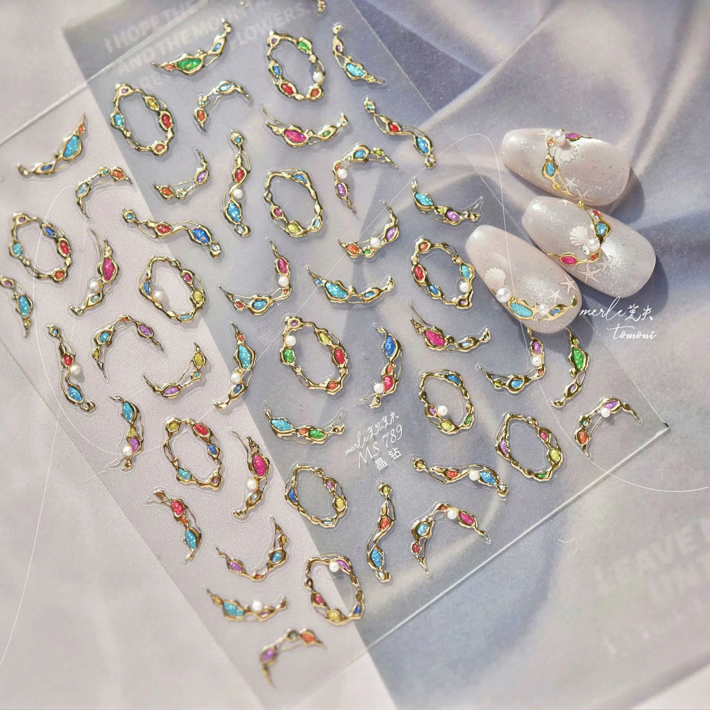 French Lines Gemstone Necklace Gilding Light Luxury Pearl Self Adhesive Nail Art Decorations Stickers Manicure Decals Wholesale (ONLINE ORDER ONLY)