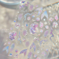Mermaid Girl Conch Starfish Shell Bowknot Fish Scale Purple Ribbon Water Bubbles Chic Adhesive Nail Art Sticker Manicure Decals (ONLINE ORDER ONLY)