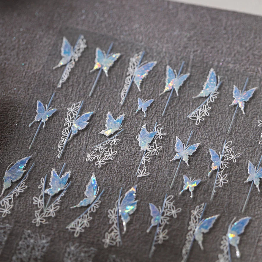 Butterfly Flower Hollow Out Lace Delicate Floral Print Shiny Cloth Block Insect Self Adhesive Nail Art Stickers Manicure Decals (Online Order Only)