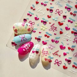 Lovely Pink Red Cherry Fruit Love Heart Star Lucky Letter Bowknot Romantic Adhesive Nail Art Stickers Rhinestone Manicure Decals (Online Order Only)