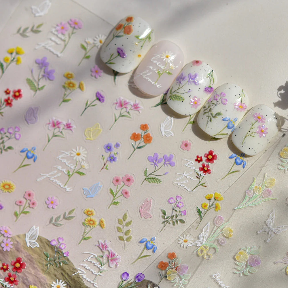 Dried Flower Lavender Bowknot Peony Pomegranate Flowers Bouquet Rose Chic Reliefs Self Adhesive Nail Art Stickers Manicure Decal (ONLINE ORDER ONLY)