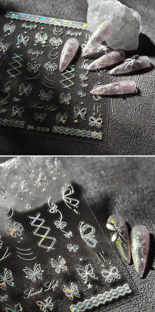 Shiny Butterfly Lace Line Bowknot Silk Ribbon Star Love Heart Fantasy Delicate Chic Adhesive Nail Art Stickers Manicure Decals (Online Order Only)