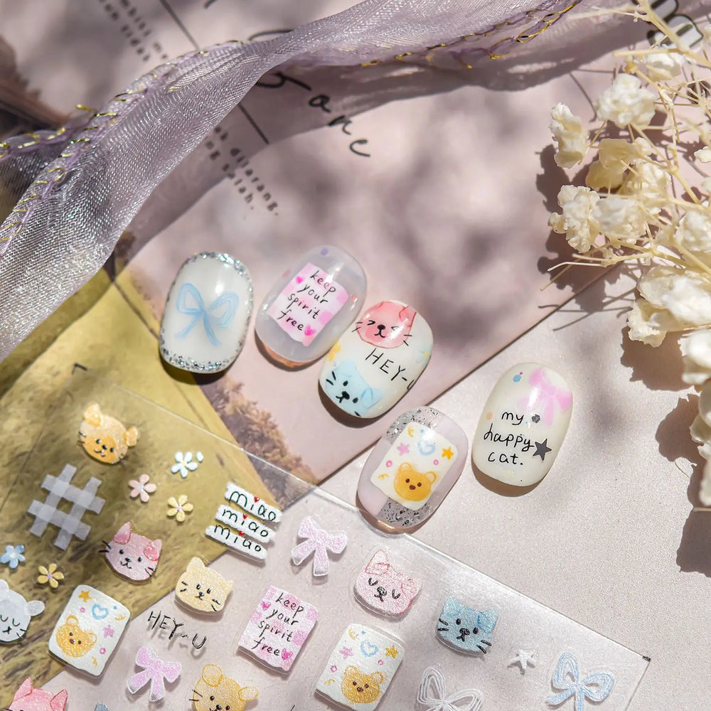 Cute Little Cat Colourful Flower Bowknot Umbrella Rain Boot Paintings Paper Boat Daisy Duckling Nail Art Sticker Manicure Decals (ONLINE ORDER ONLY)