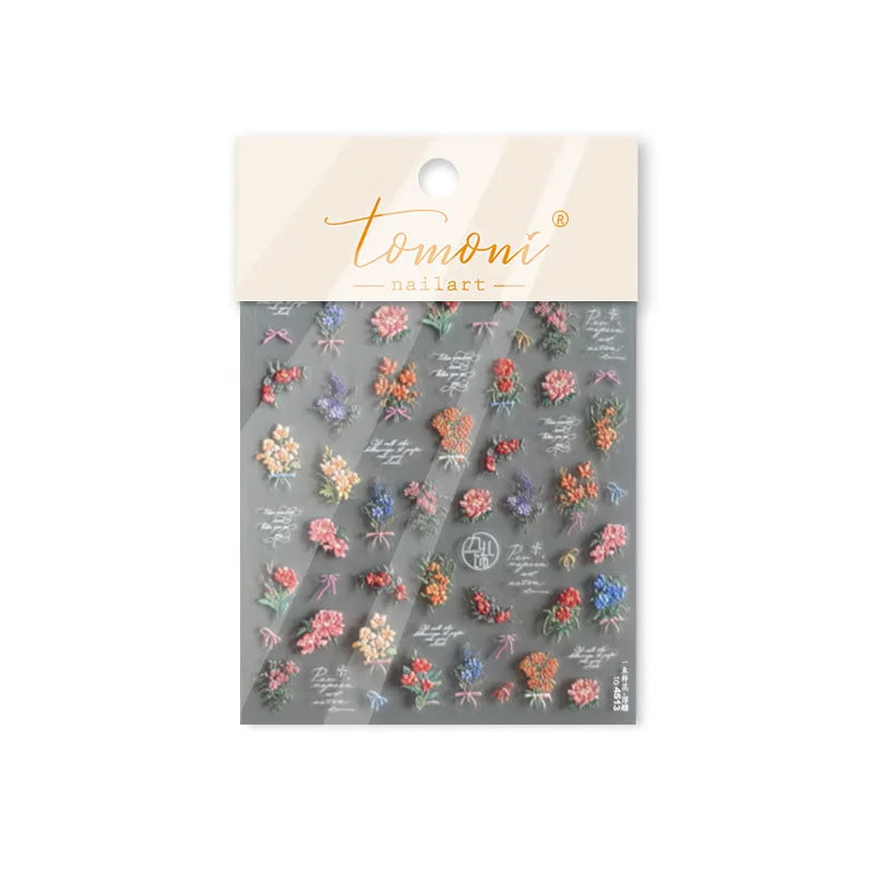 Dried Flower Lavender Bowknot Peony Pomegranate Flowers Bouquet Rose Chic Reliefs Self Adhesive Nail Art Stickers Manicure Decal (ONLINE ORDER ONLY)