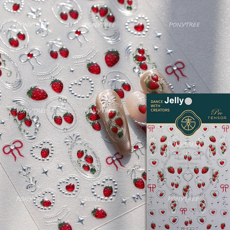 Mini Fruit Cherry Charming Strawberry Ribbon Line Bowknot Jelly Charming Chic Self Adhesive Nail Art Stickers Manicure Decals (ONLINE ORDER ONLY)