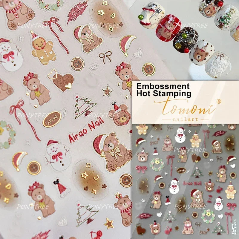 Santa's Hat Candy Santa Claus Christmas Tree Bell Elk 5D Self Adhesive Nail Art Stickers Button Snowflake Cherry Manicure Decals (ONLINE ORDER ONLY)