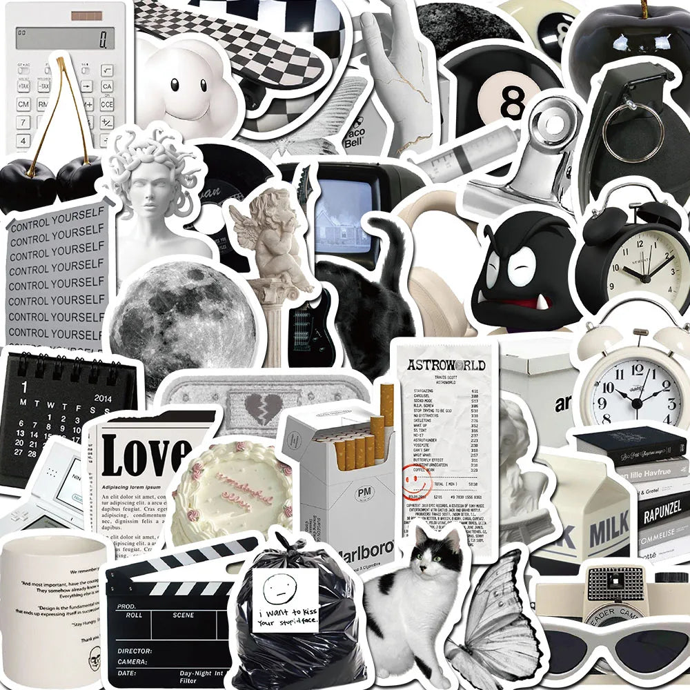 10/30/61pcs Ins Style Cute Stickers Black White Simple Decals Decoration DIY Phone Notebook Suitcase Laptop Fridge Wall Sticker (ONLINE ORDER ONLY)