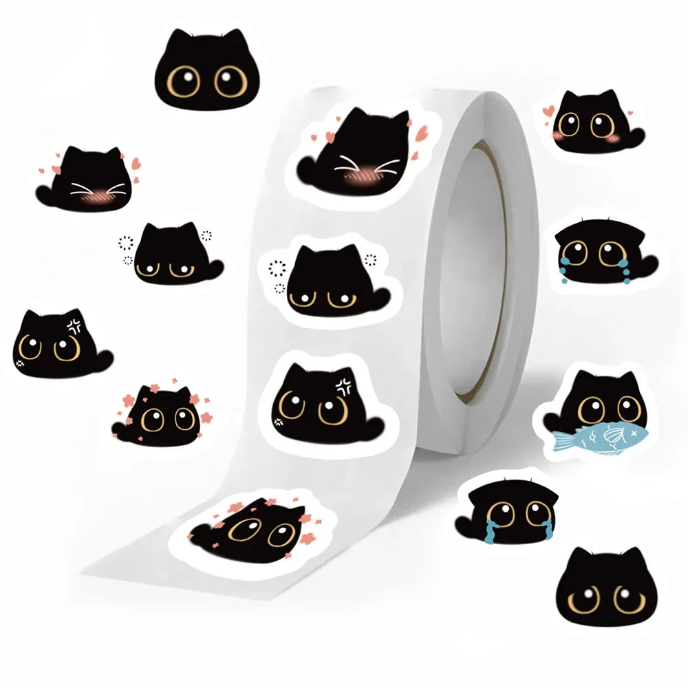 500pcs Kawaii Black Cat Stickers Roll for DIY Fridge Notebook Phone Laptop Bike Wall Stationery Kids Toys (Online Order Only)