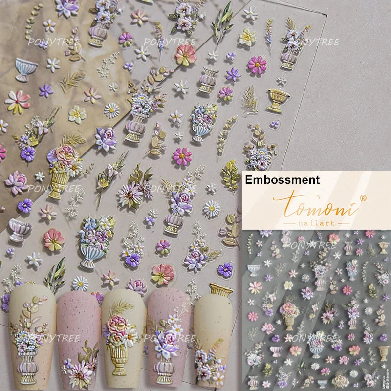 Flower Garden Purple Yellow Pink Daisy Butterfly Delicate 5D Soft Relief Adhesive Nail Art Decoration Sticker 3D Manicure Decals (ONLINE ORDER ONLY)