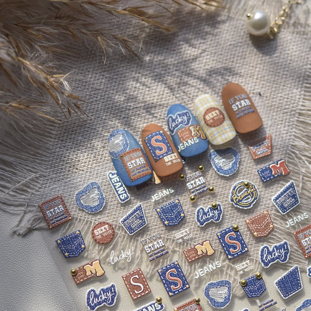 Round Jeans Square Sexy Blue Series Cowboy Lucky Beautiful Letter Self Adhesive Nail Art Sticker Pearl Rhinestone Manicure Decal (ONLINE ORDER ONLY)