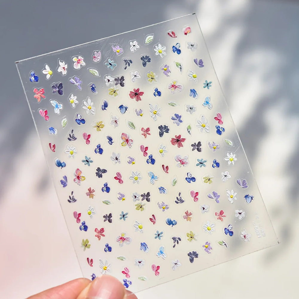 Chic Wild Flower Oil Painting Small Variegated Daisy Peach Blossom Lavender Petal Adhesive Nail Art Stickers Manicure Decals (Online Order Only)
