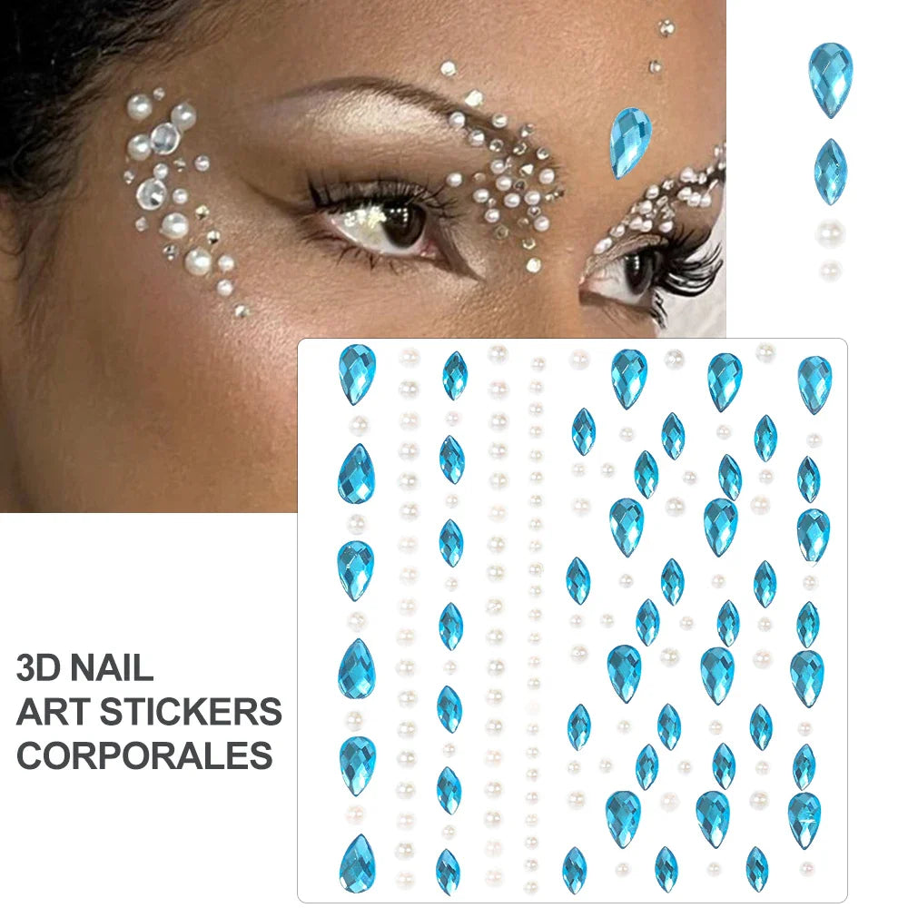 5Pcs Coloful Glitter Face Jewelry Sticker Crystal Eye Body Face Jewels Bady Makeup Tools Temporary Self-Adhesive Nail Rhinestone (ONLINE ORDER ONLY)