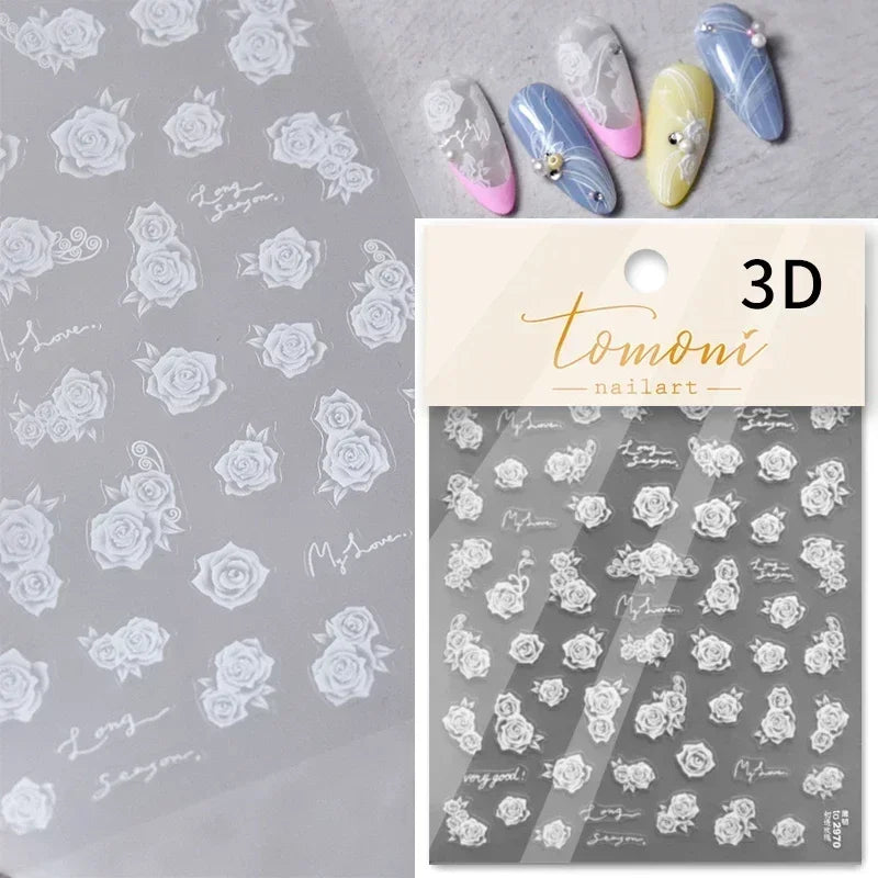 Gradient Halo Dyeing Dark Red Rose Flower Rhinestone Lace Bow Heart 3D Self Adhesive Nail Art Decoration Sticker Manicure Decals (ONLINE ORDER ONLY)