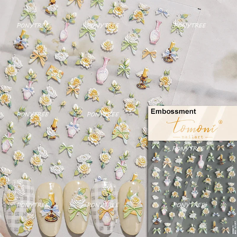 Trumpet Creeper White Flower Purple Leaves Antique Special Characters 5D Soft Relief Adhesive Nail Art Stickers Manicure Decals (ONLINE ORDER ONLY)
