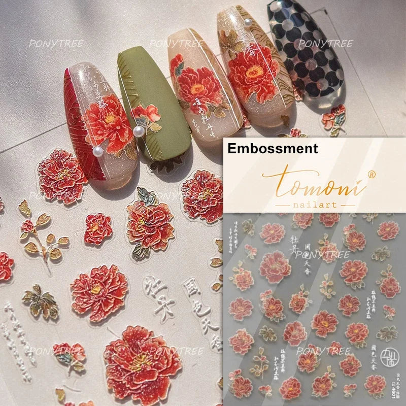 Chic Romantic Red White Flower Hot Stamping 5D Self Adhesive Nail Art Stickers Shiny Dreamy Camellia Rhinestone Manicure Decals (ONLINE ORDER ONLY)