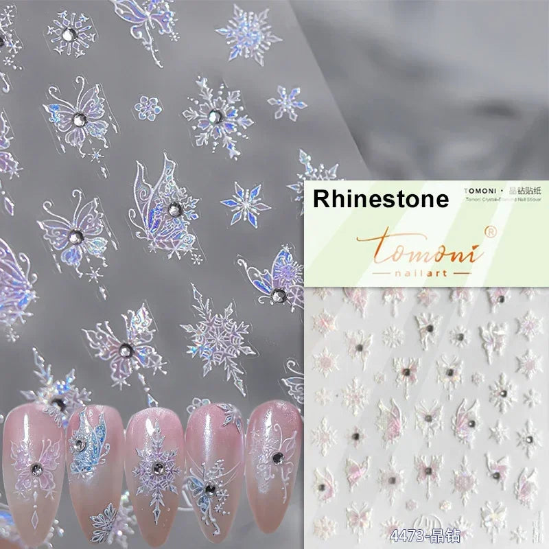 Shiny White Pink Blue Gold Snowflakes Hexagon Water Bubbles Winter 5D Self Adhesive Nail Art Stickers Rhinestone Manicure Decals (ONLINE ORDER ONLY)