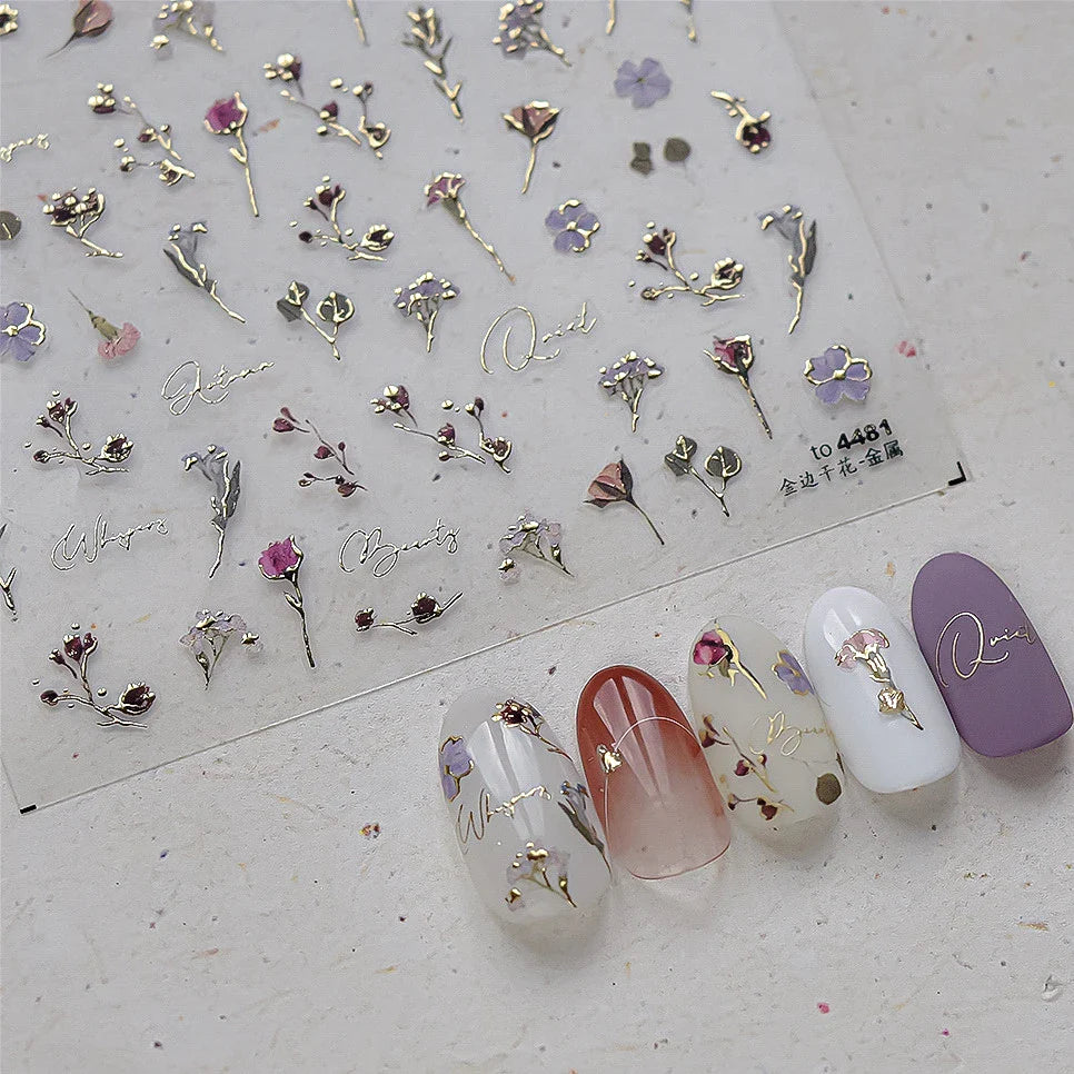 Dried Flowers Rose Butterfly Love Heart Golden Stroke Flying Crane Silver Adhesive Nail Art Stickers Rhinestone Manicure Decals (ONLINE ORDER ONLY)