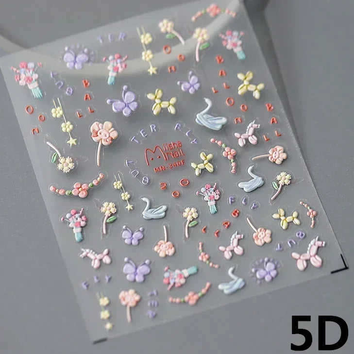 Charming Red Rose Phoenix Flower Wing Leaves Flower Feather Pearl Relief Embossed 5D Adhesive Nail Art Stickers Manicure Decals (ONLINE ORDER ONLY)
