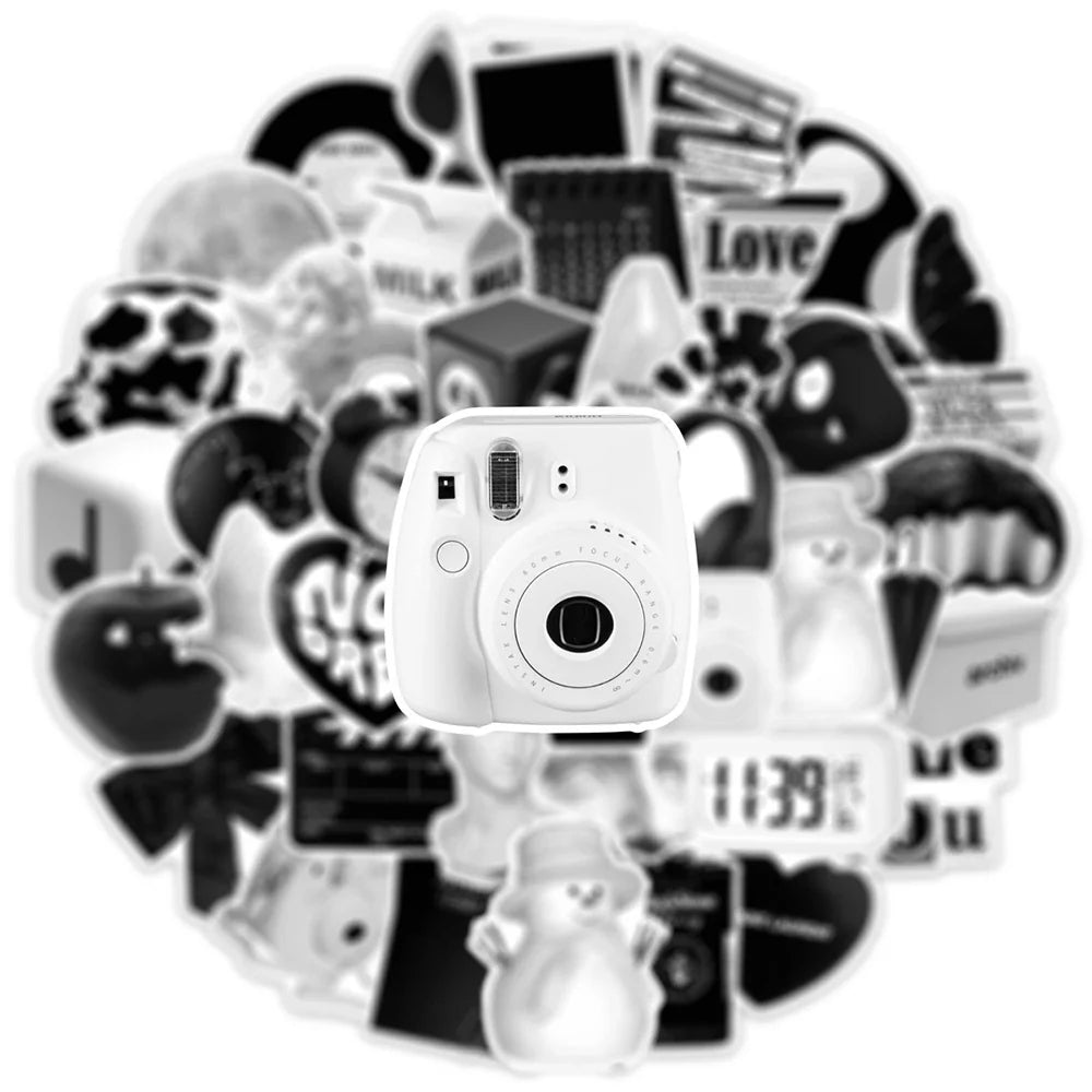 10/30/50pcs Ins Style Cute Stickers Aesthetic Black White Simple Decals Decoration Scrapbook Suitcase Laptop Fridge Wall Sticker (Online Order Only)