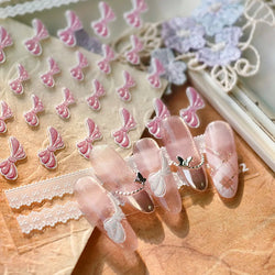 Pink White Bowknot Jelly Knot Lace Delicate Decorative Border Shiny 5D Self Adhesive Nail Art Stickers Manicure Decals Wholesale (Online Order Only)
