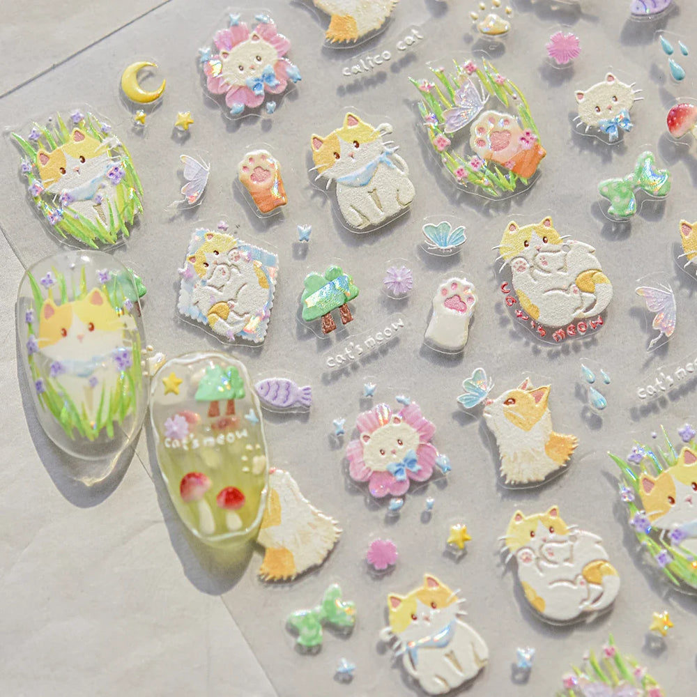 Picnic Cat Kitten Bowknot Flower Fish Butterfly Tree Mushroom Star Moon Cat's Paw Adhesive Nail Art Sticker Cute Manicure Decals (Online Order Only)