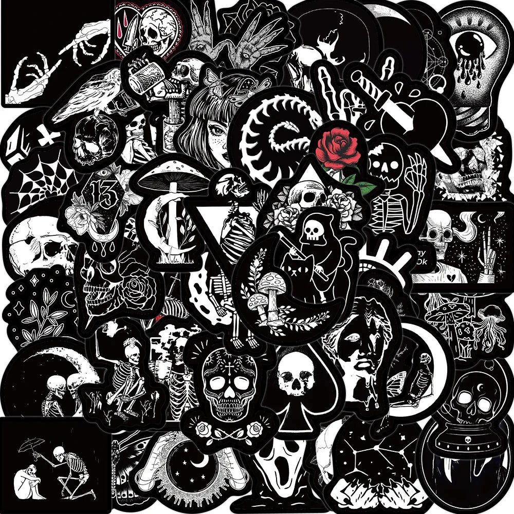 10/25/50pcs Black and White Gothic Skull Stickers Decals Cartoon Graffiti DIY  Notebook Luggage Wall Decoration PVC Sticker (Online Order Only)