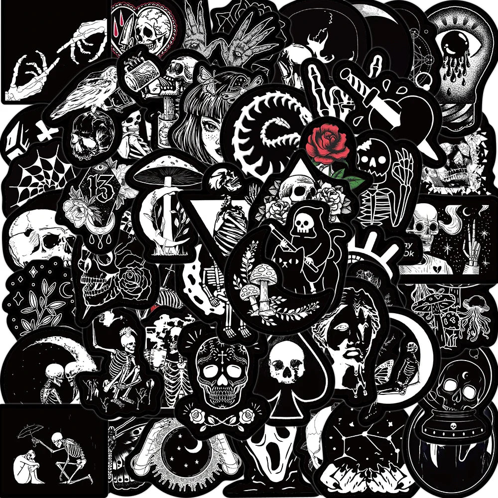 10/25/50pcs Black and White Gothic Skull Stickers Decals Cartoon Graffiti DIY  Notebook Luggage Wall Decoration PVC Sticker (Online Order Only)