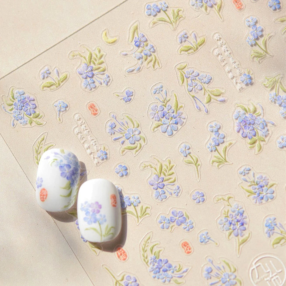 Vibrant and Lively Pullulate Purple Blue Snow Orchid Flower Garden Springtime Adhesive Nail Art Sticker Chic 3D Manicure Decals (Online Order Only)