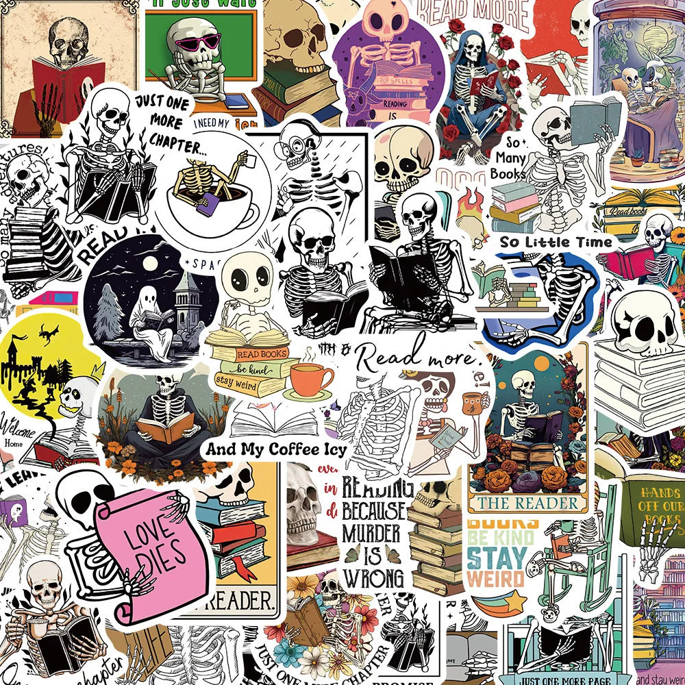 10/50PCS Funny Skull Reading Books Stickers Aesthetic DIY Phone Bottle Luggage Laptop Skateboard Car Graffiti Decals Toy Sticker (Online Order Only)