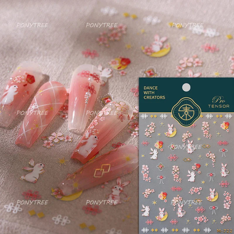 Rabbit Bunny Bear Flower Lace Bowknot Retro Frame Rose Self Adhesive Nail Art Decoration Stickers Chic Manicure Decals Wholesale (ONLINE ORDER ONLY)