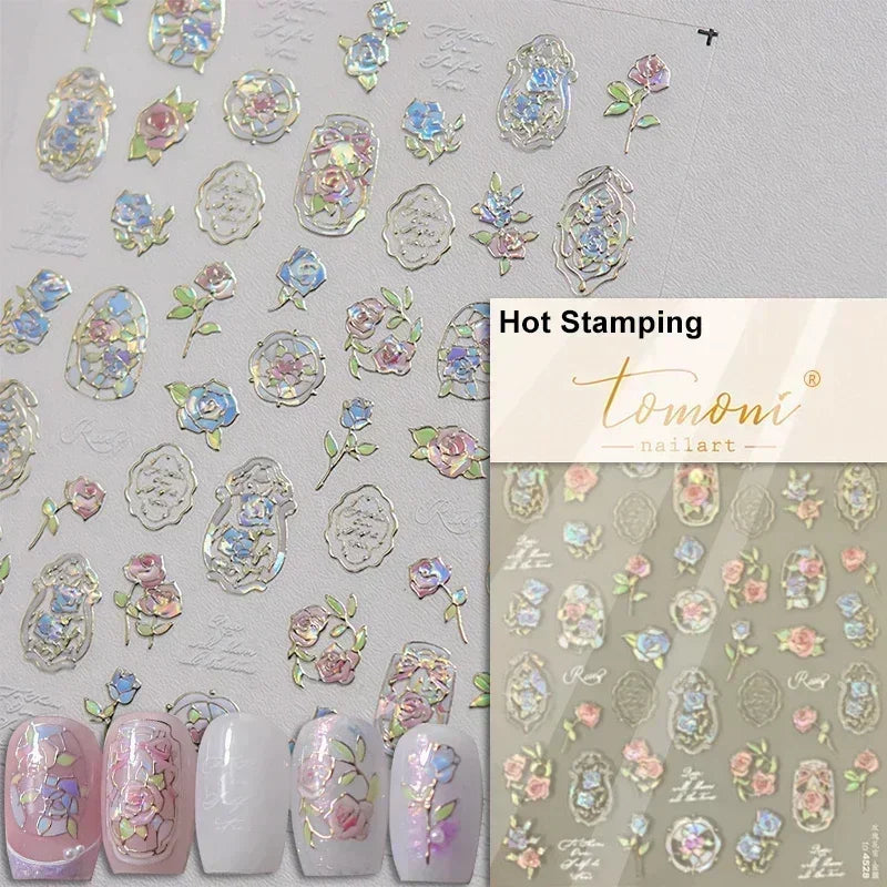Charming Dreamy Shiny Jelly Blue Gradient Lily Flowers Rose Petal White Dot Chinese Colorful Nail Art Stickers Manicure Decals (ONLINE ORDER ONLY)