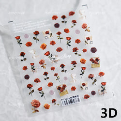 Watercolor Style Rose Flower Colored Rosa Chinensis 3D 5D Flat Reliefs Charming Self Adhesive Nail Art Stickers Manicure Decals (ONLINE ORDER ONLY)