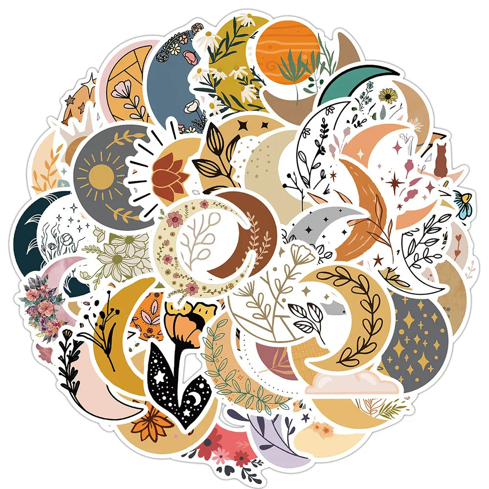 Bohemian Moon Flower Stickers: Waterproof Decals for Car, Bike, Luggage, Phone, Laptop (10/30/50PCS) (Online Order Only)