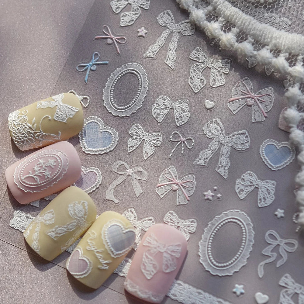 Gird Lace Bowknot Love Heart Flower Fabric Printing Frame Bow Tie Rococo Pattern Daisy Tender Nail Art Stickers Manicure Decals (ONLINE ORDER ONLY)