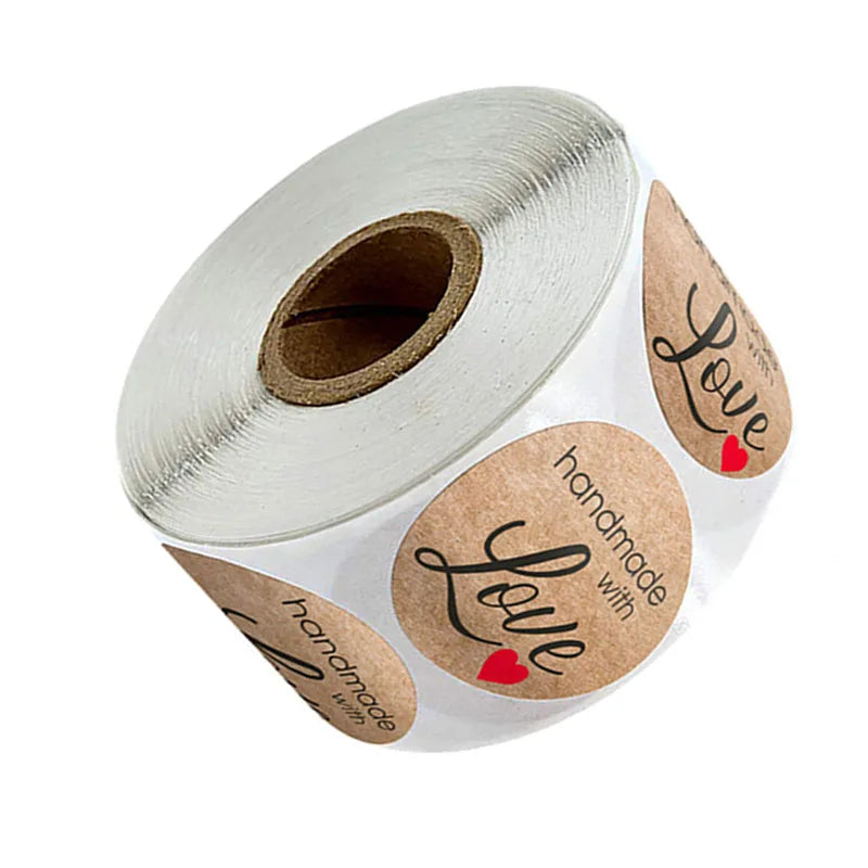 100-500pcs Handmade With Love Kraft Paper Stickers Round Adhesive Labels Baking Wedding Decoration Party Decoration Sticker (Online Order Only)