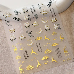 Chinese Style Gold Stamped God Deer Moon Auspicious Clouds Crane Lotus Flower 3D Self-adhesive Nail Art Stickers Manicure Decals (ONLINE ORDER ONLY)