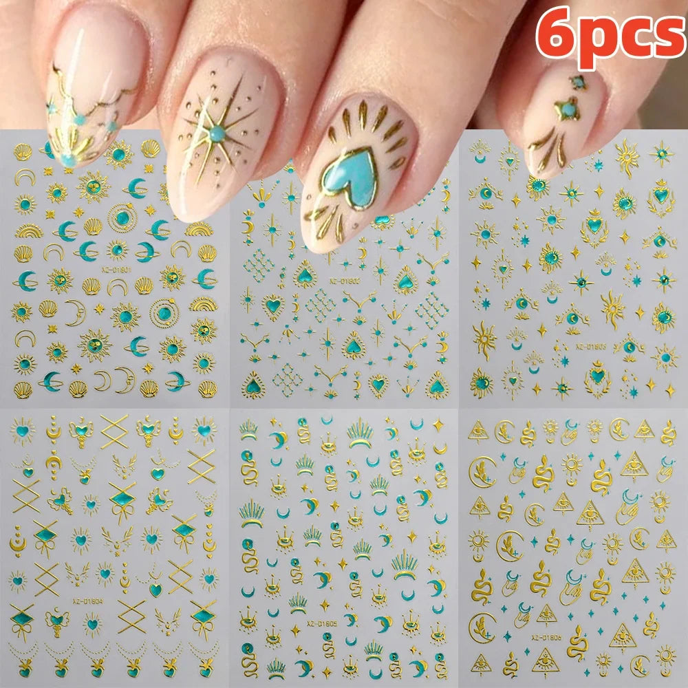 6pcs Mirror Silver Star 3D Nail Sticker Holographic Heart/Moon/Cross Design Self-Adhesive Decal Manicure Art Supplies Decoration (ONLINE ORDER ONLY)