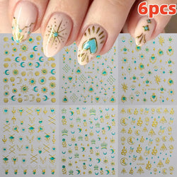 6pcs Mirror Silver Star 3D Nail Sticker Holographic Heart/Moon/Cross Design Self-Adhesive Decal Manicure Art Supplies Decoration (ONLINE ORDER ONLY)