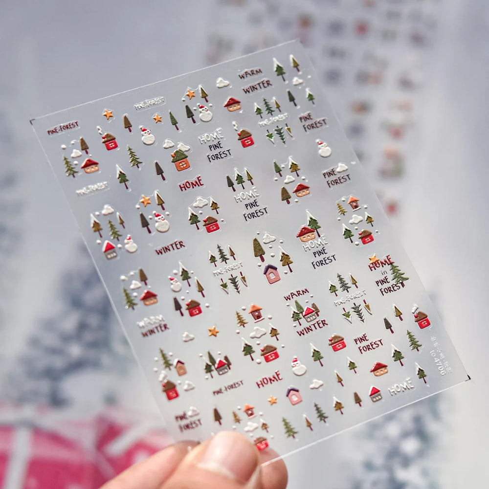 Snowman Tree House Cedar White Pine Forest Warm Winter Cloud Self Adhesive Nail Art Stickers Snowflake Star Snow Manicure Decals (ONLINE ORDER ONLY)