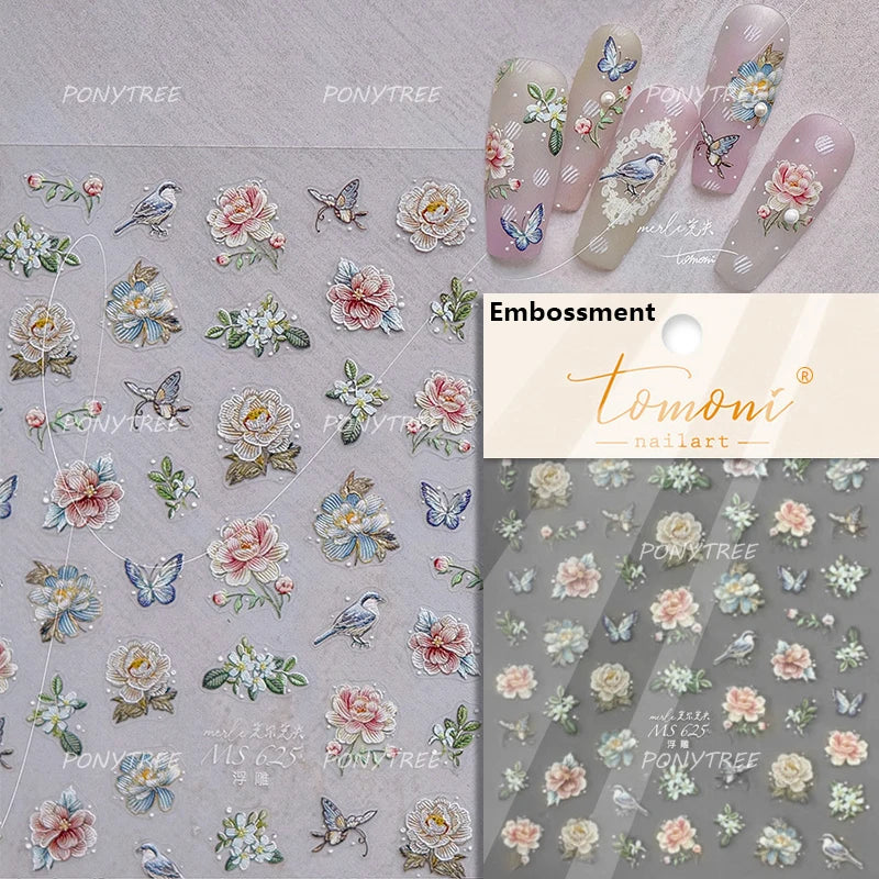Peony Paeonia Lactiflora Rich Glory Flower Butterfly Ancient Fan Tassels Caved Window Adhesive Nail Art Sticker Manicure Decals (ONLINE ORDER ONLY)