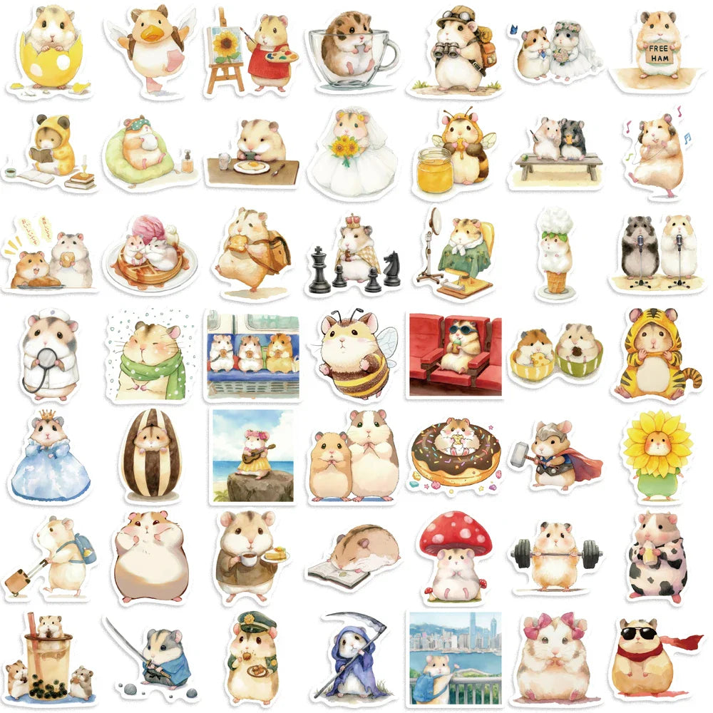 55pcs Hello Cute Hamster Stickers Suitcase Skateboard Guitar DIY Laptop Waterproof Sticker Aesthetic PVC School Stationery ﻿ (Online Order Only)