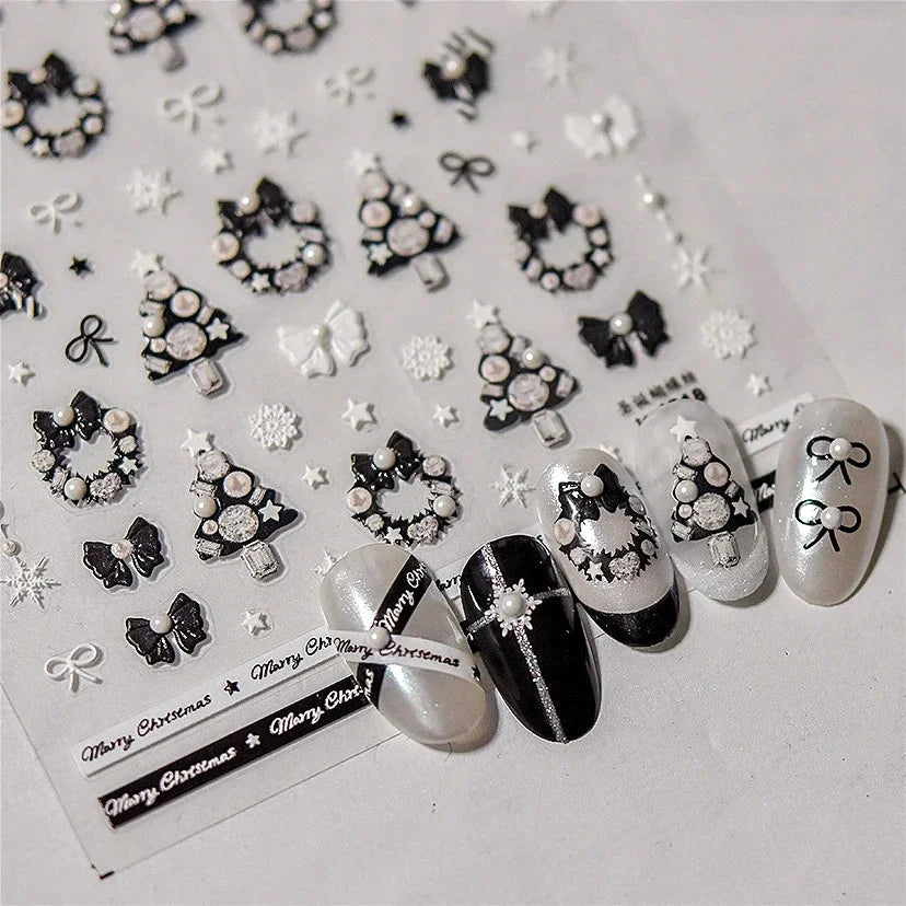 Black White Christmas Tree Snowflake Bowknot Snowman Socks Star Santa Hat Deer Rhinestone Winter Nail Art Sticker Manicure Decal (Online Order Only)