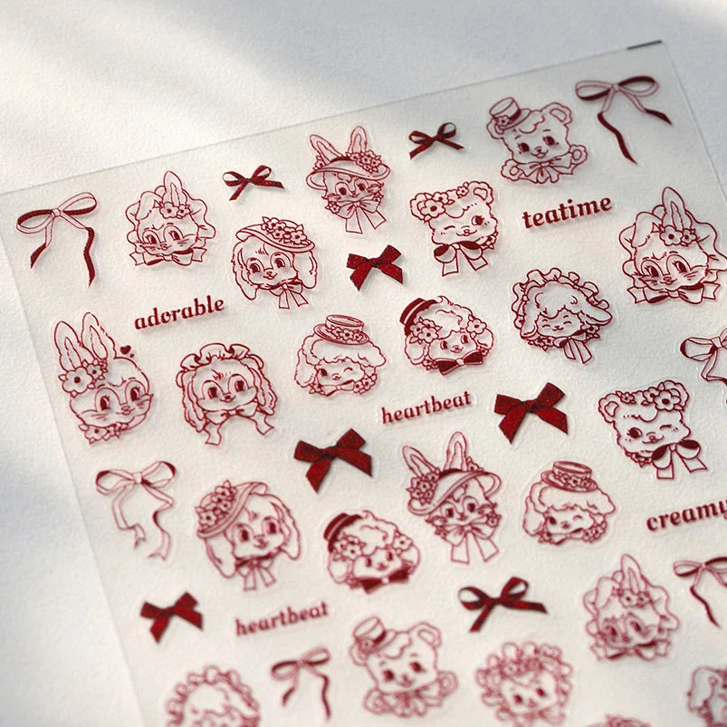 Cute Pet Creamy Rabbit Bear Dog Ribbon Bowknot Lamb Red Painted Heartbeat Flowers Adhesive Nail Art Stickers 3D Manicure Decals (Online Order Only)