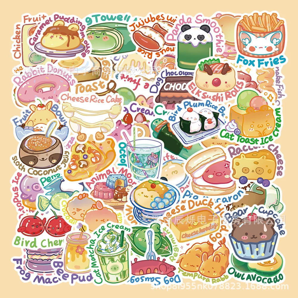 50pcs Cartoon Animal Food Stickers for Helmet, Wall, DIY Decoration Wholesale (Online Order Only)