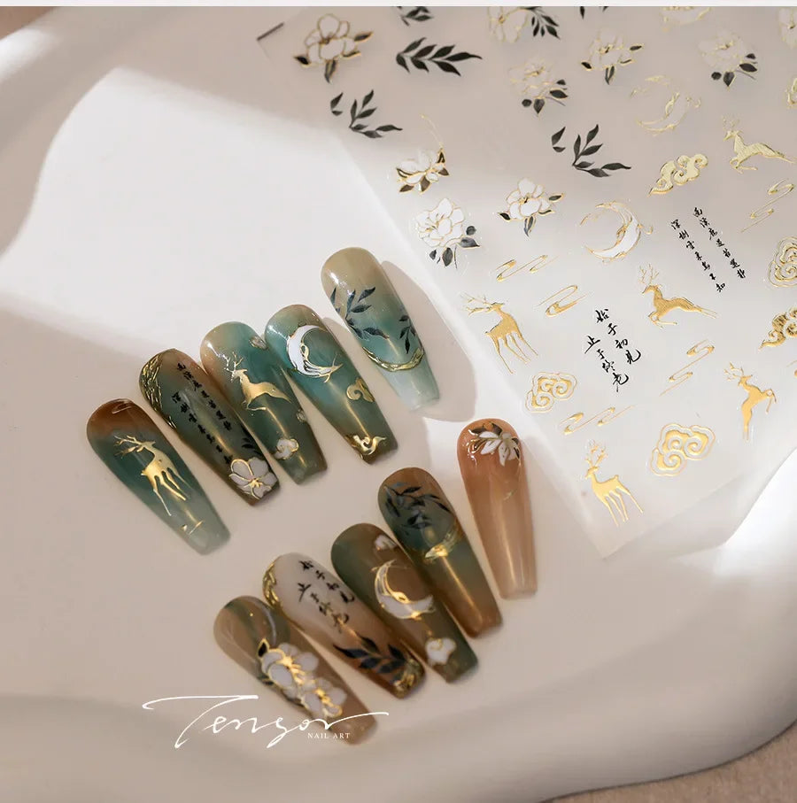 Chinese Style Gold Stamped God Deer Moon Auspicious Clouds Crane Lotus Flower 3D Self-adhesive Nail Art Stickers Manicure Decals (ONLINE ORDER ONLY)