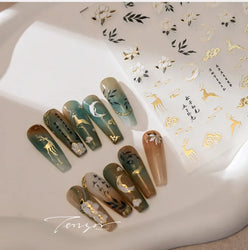 Chinese Style Gold Stamped God Deer Moon Auspicious Clouds Crane Lotus Flower 3D Self-adhesive Nail Art Stickers Manicure Decals (ONLINE ORDER ONLY)