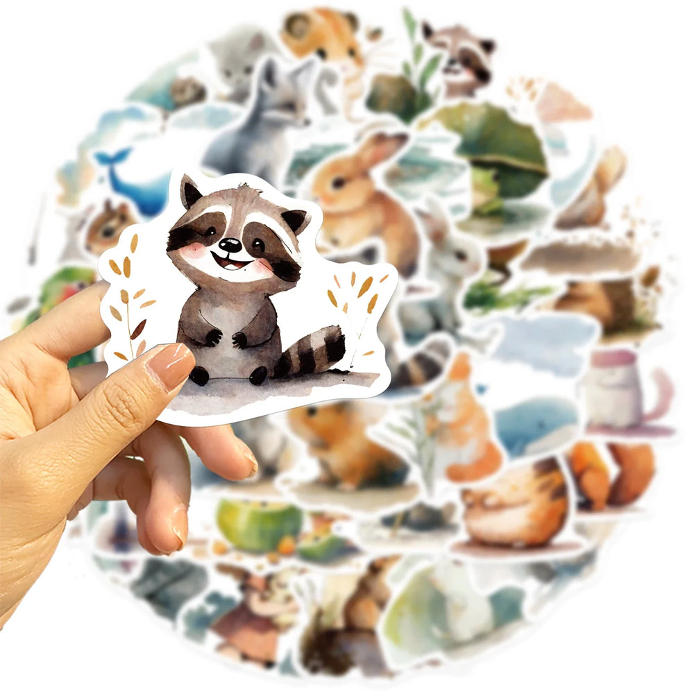 50Pcs Watercolor Animal Illustration Stickers DIY Suitcase Skateboard Laptop Luggage Fridge Phone Car Graffiti Sticker (Online Order Only)