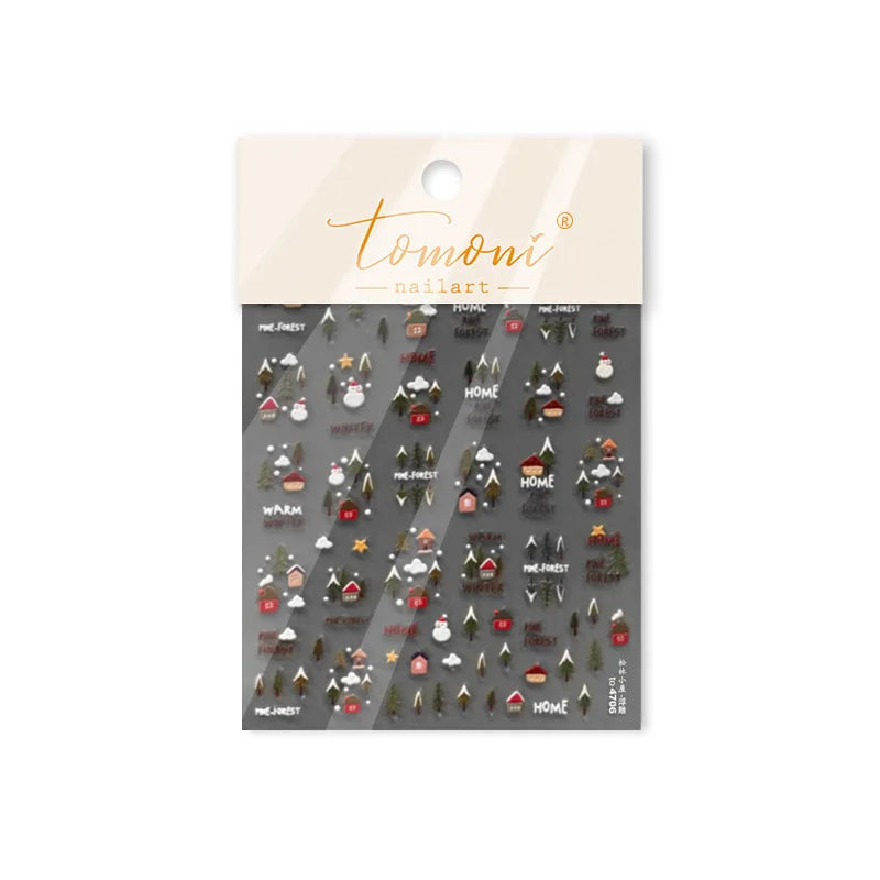 Snowman Tree House Cedar White Pine Forest Warm Winter Cloud Self Adhesive Nail Art Stickers Snowflake Star Snow Manicure Decals (ONLINE ORDER ONLY)