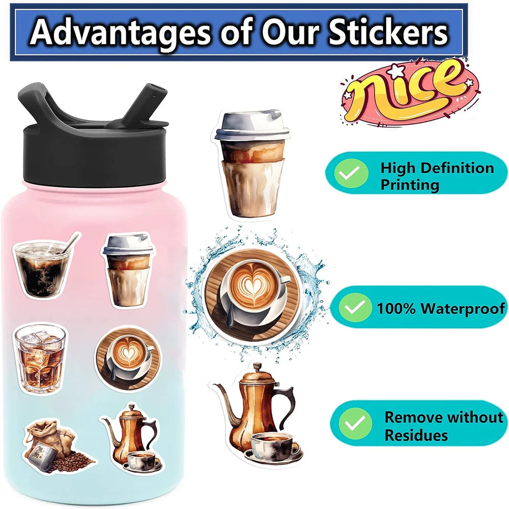 50pcs Cute Cartoon Coffee Lover Stickers Vinyl Laptop Decals For Luggage Water Bottle Notebook Phone Waterproof Graffiti﻿ (ONLINE ORDER ONLY)