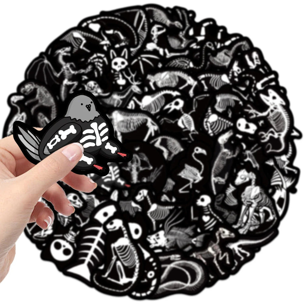 56pcs Animal Skeleton Cool Stickers for Laptop Scrapbook Waterproof Cartoon Graffiti Decals Dark Sticker Toys Decor (Online Order Only)